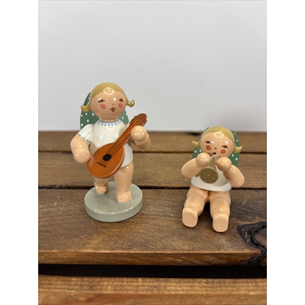 VTG German Christmas Erzgebirge Wooden Angel Figurines - Mandolin & Trumpet